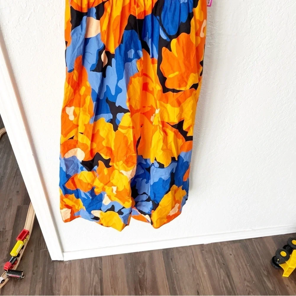 Tabitha Brown Dress Women's 14 Orange Blue Floral Back Cut Out Midi NWT - Picture 3 of 10